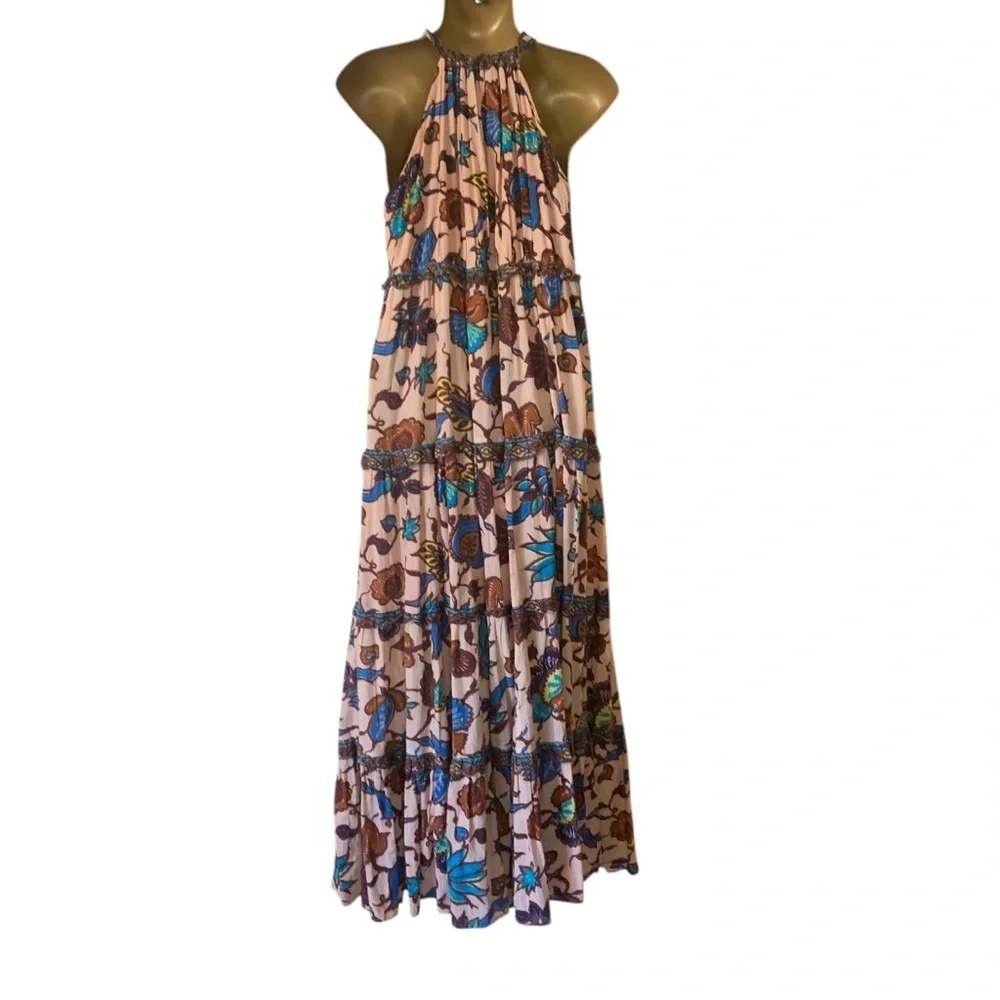 Anthro Love the label V-neck tiered ruffled maxi dress browns blues floral New S - Picture 6 of 16